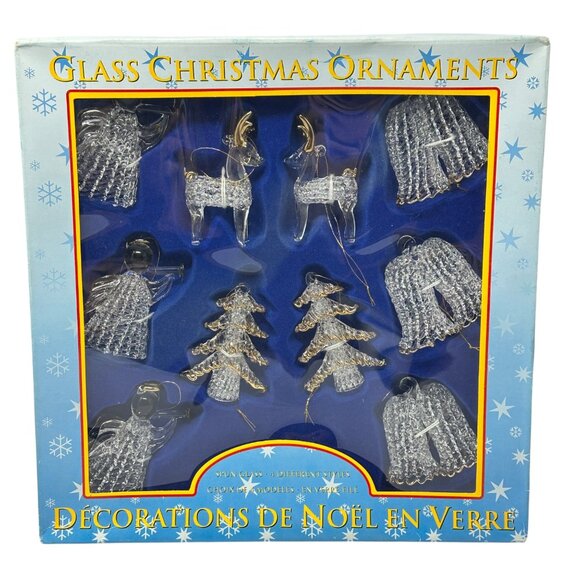 Spun Glass Christmas Ornament Set Clear Gold Accents Bells Trees Reindeer Angels - Picture 1 of 10
